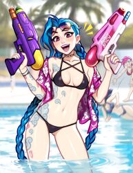 3girls :d bare_shoulders bikini black_bikini blue_hair blush blushyspicy braid breasts caitlyn_(league_of_legends) collarbone gun hands_up highres holding holding_gun holding_weapon jinx_(league_of_legends) league_of_legends leg_tattoo long_hair medium_breasts multiple_girls navel open_clothes open_mouth open_shirt pink_eyes pink_lips pink_shirt shirt siblings sisters smile solo_focus stomach sunglasses swimsuit tattoo teeth throwing tongue twin_braids vi_(league_of_legends) wading water_gun weapon