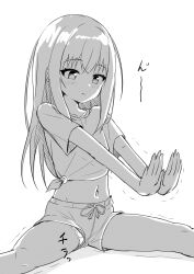 1girl :t absurdres blush closed_mouth feet_out_of_frame highres long_hair navel original panties_under_shorts shirt short_shorts short_sleeves shorts simple_background solo stretching takasuma_hiro tied_shirt trembling very_long_hair white_background