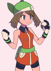 1girl bandana bare_arms bike_shorts brown_hair closed_mouth collared_dress commentary_request dress eyelashes fanny_pack gloves green_bag green_bandana grey_eyes hands_up highres holding holding_poke_ball may_(pokemon) nintendo orange_dress poke_ball pokemon pokemon_emerald pokemon_rse premier_ball smile solo tyako_089 w_arms white_gloves