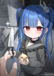 1boy 1girl artist_name belt_collar black_bow black_collar black_nails black_ribbon black_sailor_collar black_shirt black_skirt blue_hair book bow breasts closed_mouth collar commentary_request ear_piercing food frilled_sailor_collar frills grey_shirt hair_bow hair_ornament hair_ribbon hairclip highres holding holding_food holding_knife indoors kanae_(tsukiman) knife long_hair long_sleeves looking_at_viewer miniskirt nail_polish onion original piercing pleated_skirt rabbit_hair_ornament red_eyes ribbon sailor_collar sailor_shirt school_uniform serafuku shirt skirt small_breasts solo_focus tsukiman twintails twitter_username very_long_hair