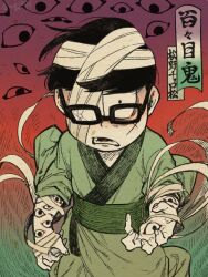 1boy bandage_over_one_eye bandaged_arm bandages broken_eyewear broken_glass disembodied_eye dodomeki extra_eyes eyes_on_body facial_scar glass glasses green_kimono japanese_clothes kimono looking_at_viewer lower_teeth_only male_focus matsuno_choromatsu open_mouth osomatsu-san osomatsu_(series) scar scar_on_cheek scar_on_face tamago_toji teeth traditional_youkai unraveling wide-eyed yukata