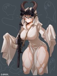 Rule 34 | 1girl, absurdres, artist name, assault rifle, blue eyes, breasts, epakim, frown, ghost, ghost costume, gun, highres, horns, kalashnikov rifle, lamia (epakim), large breasts, muscular, muscular female, night vision device, original, rifle, scar, scar across eye, scar on face, scar on leg, sheet ghost, skin tight, smoke, smoking barrel, solo, suppressor, sweat, thick thighs, thighs, twitter username, weapon