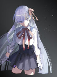 Rule 34 | 1girl, ayanolity, bb (fate), bb (fate/extra), black skirt, black thighhighs, commentary request, cowboy shot, cropped legs, eyes visible through hair, fate/extra, fate/extra ccc, fate (series), frown, gloves, hair over one eye, hair ribbon, high-waist skirt, highres, holding, long hair, miniskirt, purple eyes, purple hair, ribbon, shirt, skirt, sleeves rolled up, solo, thighhighs, very long hair, white gloves, white shirt, zettai ryouiki