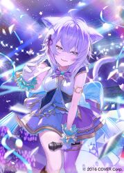 1girl ahoge animal_ear_fluff animal_ears armlet back_bow bow bow_skirt bowtie cat_ears cat_girl cat_tail commentary_request company_name concert copyright_name cowboy_shot crossed_bangs crowd dress eyelashes fangs food-themed_hair_ornament frilled_skirt frilled_wrist_cuffs frills gloves glowstick gold_trim hair_ornament holding holding_microphone hololive hololive_idol_uniform_(origin) idol_clothes jewelry layered_skirt leaning_forward looking_at_viewer microphone miniskirt multicolored_dress nekomata_okayu official_alternate_costume official_art open_mouth penlight_(glowstick) pleated_skirt pompocy purple_bow purple_bowtie purple_eyes purple_hair reaching reaching_towards_viewer ribbon short_dress short_hair sidelocks skirt skirt_set solo sparkling_eyes stage stage_lights tail vest virtual_youtuber white_gloves wrist_cuffs