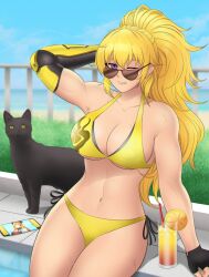 1girl alternate_hairstyle arm_behind_head armpits blonde_hair breasts cat cellphone cleavage drink fingerless_gloves gloves half-closed_eye highres large_breasts legs long_hair looking_at_viewer navel one_eye_closed parted_lips phone pink_lips ponytail pool purple_eyes rwby seductive_gaze seductive_smile sideboob sitting smartphone smile teeth thighs toned water wet wink yang_xiao_long