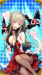 Rule 34 | bird, breasts, brown pantyhose, crow, dress, fishnet pantyhose, fishnets, giuniu, grey hair, large breasts, long hair, morigan raven, pantyhose, red eyes, santa costume, santa dress, uchi no hime-sama ga ichiban kawaii