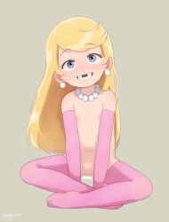 1girl abajur artist_name bar_censor bead_necklace beads blonde_hair blue_eyes blush censored collarbone earrings elbow_gloves flat_chest full_body gloves grey_background grin head_tilt highres indian_style jewelry lola_loud loli long_hair looking_at_viewer missing_tooth navel necklace nipples nose_blush nude open_mouth pink_gloves pink_thighhighs sitting smile solo stud_earrings swept_bangs the_loud_house thighhighs tooth_gap