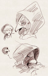 2boys alternate_costume arrow_(symbol) beak bird_boy chibi chibi_inset closed_mouth collar_tug furry furry_male grey_background greyscale half-closed_eyes hand_to_own_mouth hand_up highres hood hood_up jitome link looking_at_viewer male_focus monochrome multiple_boys nintendo open_mouth portrait revali rito simple_background sketch the_legend_of_zelda the_legend_of_zelda:_breath_of_the_wild traditional_media ukata