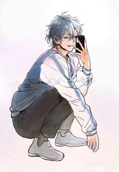 Rule 34 | 1boy, black hair, black pants, blue eyes, blue jacket, cellphone, cheng xiaoshi, full body, grey shoes, hair between eyes, highres, holding, holding phone, jacket, letterman jacket, linkclicknewbie, long sleeves, looking at phone, male focus, multicolored jacket, pants, parted lips, phone, ponytail, shiguang dailiren, shirt, shoes, short hair, short ponytail, simple background, smartphone, smile, sneakers, solo, squatting, twitter username, watermark, white background, white shirt