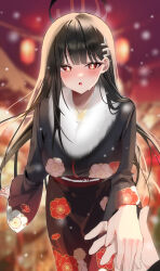 1girl absurdres black_hair black_kimono blue_archive blush bright_pupils emduck floral_print fur-trimmed_kimono fur_trim hair_ornament hairclip halo highres holding_hands japanese_clothes kimono long_hair looking_at_viewer obi pov print_kimono red_eyes rio_(blue_archive) sash solo_focus sweat very_long_hair white_pupils