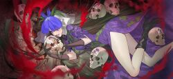 1girl absurdly_long_hair black_boots black_gloves boots breasts commentary_request dress flower flower_on_head game_cg gloves high_heel_boots high_heels holding holding_skull lobelia_(flower) long_hair nippaku_zanmu official_art open_mouth photo_(object) purple_dress purple_eyes purple_flower short_sleeves skull smile solo teffish thighs third-party_source touhou touhou_gensou_eclipse very_long_hair vine_print yomotsu_hisami