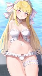 absurdres arm_support bemani bikini black_bikini blonde_hair breasts frilled_bikini frilled_hairband frilled_thigh_strap frills hair_ribbon hairband highres kougei_ciel_nana lelex long_hair medium_breasts multicolored_eyes rainbow_eyes ribbon sitting sound_voltex swimsuit thigh_strap