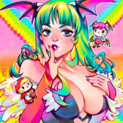 Rule 34 | 3girls, artist name, b.b. hood, bare shoulders, bat wings, black leotard, blonde hair, blunt bangs, blush, breasts, bridal gauntlets, cleavage, collarbone, commentary, darkstalkers, demon girl, english commentary, fur-trimmed leotard, fur trim, gouache (medium), green eyes, green hair, head wings, highres, large breasts, leotard, lilith (darkstalkers), long hair, looking at viewer, morrigan aensland, multiple girls, off-shoulder leotard, overexposure, painting (medium), parted lips, pink hair, pixelated, rian gonzales, solo focus, traditional media, upper body, watercolor (medium), wings