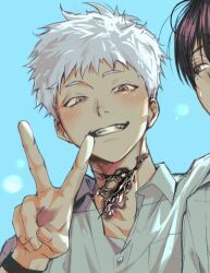 2boys black_hair body_horror collared_shirt grin hashtag-only_commentary hikaru_(hikaru_ga_shinda_natsu) hikaru_ga_shinda_natsu light_blush looking_at_another looking_at_viewer lox_iy male_focus mole mole_under_eye multiple_boys out_of_frame red_pupils shirt short_hair smile tsujinaka_yoshiki upper_body v watch white_hair white_shirt wristwatch