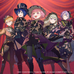 2girls 3boys :d aqua_hair black_boots black_gloves black_hat black_pants black_shorts blonde_hair blue_eyes blue_hair boots brown_jacket cherico closed_mouth commentary_request copyright_notice dress feet_out_of_frame gloves green_hair grey_pantyhose grin hat jacket kaito_(vocaloid) kamishiro_rui knee_boots kusanagi_nene lace-up_boots long_hair long_sleeves monocle multicolored_hair multiple_boys multiple_girls multiple_thigh_straps official_art one_eye_closed ootori_emu open_mouth outstretched_arms pants pantyhose pink_eyes pink_hair project_sekai purple_dress purple_eyes purple_hair short_hair shorts smile standing streaked_hair tenma_tsukasa vocaloid wonderlands_x_showtime_(project_sekai) yellow_eyes