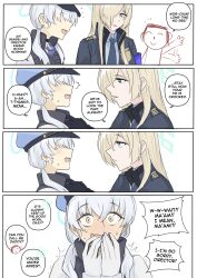 1boy 2girls blonde_hair blue_archive doodle_sensei_(blue_archive) embarrassed english_text expressionless freudian_slip hat highres kanna_(blue_archive) long_hair maven_(madeinheaven_23) multiple_girls necktie police police_hat police_uniform policewoman sensei_(blue_archive) valkyrie_police_academy_student_(blue_archive) waving white_hair