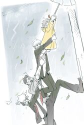 1girl 3boys adachi_tooru black_jacket black_pants brown_hair child closed_eyes commentary_request doujima_nanako doujima_ryoutarou formal_clothes gakuran grey_hair holding holding_umbrella jacket jenn_406 korean_commentary leaf multiple_boys narukami_yu necktie open_mouth pants persona persona_4 raincoat red_necktie school_uniform short_hair suit torso_grab umbrella utility_pole yasogami_school_uniform yellow_raincoat