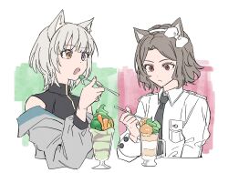 2girls :&lt; akni animal_ears bang_dream! bang_dream!_it&#039;s_mygo!!!!! black_necktie black_shirt blue_eyes bow breast_pocket cat_ears cat_girl closed_mouth commentary cropped_torso crossover ebizuka_tomo girls_band_cry grey_hair grey_jacket hair_bow hairband heterochromia holding_ice_cream_scoop_(utensil) ice_cream_scoop_(utensil) jacket kaname_raana kemonomimi_mode matcha_(food) matcha_parfait multiple_girls necktie off_shoulder open_mouth pocket red_eyes shirt short_hair sleeveless sleeveless_shirt symbol-only_commentary upper_body white_bow white_hair white_hairband yellow_eyes