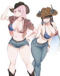 2girls ;d absurdres adjusting_clothes adjusting_headwear alternate_costume american_flag american_flag_print arm_behind_back asymmetrical_horns bangle bare_arms bare_shoulders belt bikini bikini_top_only black_hair blue_hair blunt_bangs boots bracelet breasts brown_boots collarbone colored_inner_hair commentary cowboy_boots cowboy_hat demon_horns denim denim_shorts flag_print flag_print_bikini halterneck hand_on_own_hip hand_up harikyon_dzs hat highres hololive hololive_english horns jeans jewelry large_breasts lips long_hair looking_at_viewer mole mole_under_eye mori_calliope multicolored_hair multiple_girls navel nerissa_ravencroft no_shirt one_eye_closed open_clothes open_mouth open_shirt pants pink_hair plaid_clothes plaid_shirt print_bikini red_eyes shirt short_sleeves shorts simple_background smile standing stomach swimsuit thick_thighs thighs unbuttoned uneven_horns virtual_youtuber white_background