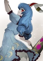 1girl absurdres animal_ears arm_up bandaged_ear blue_dress blue_hair closed_mouth crescent_print dress from_side grey_background hammer highres holding holding_hammer long_hair looking_back low_twintails mizuki_0630 puffy_short_sleeves puffy_sleeves rabbit_ears rabbit_girl red_eyes red_trim seiran_(touhou) short_sleeves solo star_(symbol) star_print touhou twintails