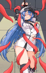1girl akame_ga_kill! arms_up bakasp-lilzy black_choker black_panties blue_eyes blue_hair blush bound bound_wrists breasts choker cleavage clenched_teeth clothing_cutout dress esdeath hat highres large_breasts long_hair military_hat navel navel_cutout one_eye_closed panties pantyshot peaked_cap rape restrained rope short_dress solo teeth tentacles thighhighs thighs tile_wall tiles trembling underwear very_long_hair white_dress white_hat white_thighhighs