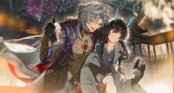 2boys ahoge architecture belt black_gloves black_hair black_jacket blade_(honkai:_star_rail) blue_eyes blue_horns blurry blurry_background can chinese_clothes cinnabar2528 closed_eyes coat collared_coat commentary_request dan_feng_(honkai:_star_rail) dan_heng_(honkai:_star_rail) dan_heng_(imbibitor_lunae)_(honkai:_star_rail) dragon_horns east_asian_architecture eastern_dragon_horns expressionless fireworks floating_clothes foam folded_ponytail gloves grey_hair hair_between_eyes hands_on_another&#039;s_shoulders highres holding holding_can honkai:_star_rail honkai_(series) horns jacket jewelry long_hair long_sleeves looking_at_another male_focus multiple_boys night open_clothes open_coat open_mouth outdoors parted_bangs pointy_ears smile upper_body white_coat wide_sleeves yingxing_(honkai:_star_rail)