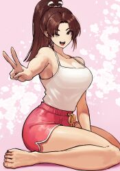 Rule 34 | 1girl, bare shoulders, barefoot, breasts, brown eyes, brown hair, cleavage, fatal fury, full body, high ponytail, highres, kneeling, large breasts, one eye closed, open mouth, pink background, ponytail, red shorts, ryo yo shi, shiranui mai, shorts, simple background, smile, solo, spaghetti strap, tank top, the king of fighters, v, white tank top