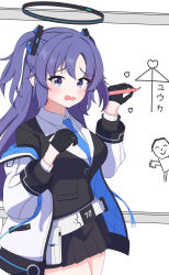 1girl absurdres ai_ai_gasa belt black_gloves black_halo black_jacket black_skirt blue_archive blue_necktie blush breasts coat collarbone commentary doodle_sensei_(blue_archive) drawing_(action) embarrassed fortysansan gloves hair_between_eyes hair_ornament halo highres jacket long_sleeves mechanical_halo medium_breasts necktie purple_eyes purple_hair sensei_(blue_archive) shirt sidelocks skirt standing translated two_side_up wavy_mouth white_background white_coat white_shirt whiteboard yuuka_(blue_archive)