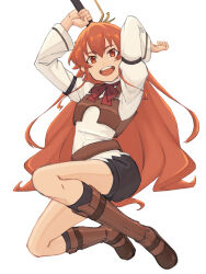 1girl armor belt black_shorts boots breasts brown_boots eris_greyrat full_body hair_between_eyes highres holding holding_weapon jumping kurogoma183 leather_armor leather_vest long_hair long_sleeves looking_at_viewer mushoku_tensei open_mouth red_eyes red_hair shirt shorts simple_background small_breasts smile solo teeth upper_teeth_only very_long_hair weapon white_background white_shirt