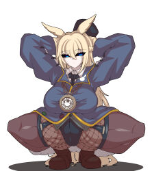 1girl arms_behind_head black_hat black_sclera blonde_hair blue_coat blue_eyes breasts brown_shoes closed_mouth coat collared_shirt colored_sclera curvy full_body gabutto_today grimms_echoes hat huge_breasts long_hair looking_at_viewer shirt shoes simple_background solo spread_legs squatting top_hat void_white_rabbit_(grimms_echoes) white_background white_shirt