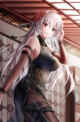 1girl bare_shoulders black_dress blush breasts china_dress chinese_clothes detached_sleeves dress fishnet_pantyhose fishnets floral_print flower from_side gun hair_between_eyes hair_flower hair_ornament hand_in_own_hair highres holstered indoors large_breasts long_sleeves looking_at_viewer nagul original pantyhose parted_lips pink_eyes see-through_clothes silver_hair smile solo thigh_strap weapon
