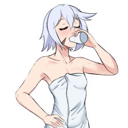 absurdres blue_hair blush chris_(konosuba) closed_eyes drinking flat_chest highres kono_subarashii_sekai_ni_shukufuku_wo! ran_sk scar short_hair simple_background sketch towel towel_over_breasts