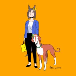 Rule 34 | 1girl, air groove (umamusume), animal ears, animalization, bag, black pants, black shoes, blue jacket, bob cut, brown hair, closed mouth, commentary request, dog, full body, holding, holding bag, horse ears, horse girl, horse tail, jacket, looking at viewer, onikobe rin, orange background, pants, shirt, shoes, short hair, silence suzuka (umamusume), simple background, smile, solo, tail, umamusume, white shirt