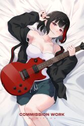 1girl absurdres bang_dream! black_hair black_jacket black_nails black_shorts breasts camisole cleavage commentary commission electric_guitar english_commentary guitar hair_in_own_mouth highres instrument jacket large_breasts loose_hair_strand lying medium_breasts mitake_ran miyamu multicolored_hair nail_polish on_back open_clothes open_jacket parted_lips purple_eyes red_hair short_hair shorts solo spaghetti_strap strap_slip streaked_hair white_camisole