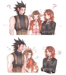 1boy 2girls 7_(milu577610) ? aerith_gainsborough arrow_(symbol) bare_shoulders black_gloves black_hair black_jacket black_necktie blue_eyes blush braid braided_ponytail brown_eyes brown_hair cissnei collared_shirt crossed_arms dress final_fantasy final_fantasy_vii final_fantasy_vii_ever_crisis final_fantasy_vii_rebirth final_fantasy_vii_remake fingerless_gloves flying_sweatdrops gloves green_eyes hair_ribbon hand_on_another&#039;s_shoulder heart highres jacket jealous leaning_on_person long_hair looking_at_another motion_lines multiple_girls necktie open_clothes open_jacket open_mouth parted_bangs pink_dress pink_ribbon ponytail red_jacket ribbed_sweater ribbon shirt simple_background single_sidelock sleeveless sleeveless_turtleneck spiked_hair suspenders sweatdrop sweater turtleneck turtleneck_sweater upper_body white_background white_shirt zack_fair