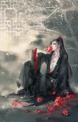 1boy alternate_hairstyle bishounen black_boots black_eyes black_hair black_hanfu blood blood_on_ground boots branch chinese_clothes collarbone faux_traditional_media flower full_body hair_ribbon half_updo hanfu high_ponytail holding holding_flower ink_wash_painting kcllzas163 knee_up lattice light_particles long_hair long_sleeves looking_to_the_side male_focus modao_zushi parted_lips pectoral_cleavage pectorals ponytail red_flower red_ribbon ribbon robe sitting smoke solo third-party_source tree wei_wuxian wide_sleeves