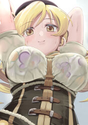 1girl arms_behind_head beret bikini bikini_under_clothes bikini_visible_through_clothes black_hat blonde_hair breasts buckle chicken_(chickenx) closed_mouth commentary_request corset drill_hair hat highres large_breasts large_variant_set looking_at_viewer mahou_shoujo_madoka_magica mahou_shoujo_madoka_magica_(anime) short_hair solo sweat swimsuit tomoe_mami tomoe_mami_(magical_girl) twin_drills upper_body variant_set yellow_eyes