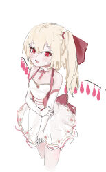 Rule 34 | 1girl, absurdres, alternate costume, alternate wings, blonde hair, blush, breasts, cowboy shot, cropped legs, dress, elbow gloves, fang, flandre scarlet, gloves, hair between eyes, highres, medium hair, no headwear, off-shoulder dress, off shoulder, one side up, open mouth, red eyes, reddizen, small breasts, solo, touhou, white dress, white gloves, wings