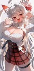 Rule 34 | 1girl, absurdres, ahoge, animal ear fluff, animal ears, blush, breasts, claw pose, cleavage, copyright request, cowboy shot, fang, fox ears, hair ornament, hair ribbon, high-waist skirt, highres, keureu (tiqkdtiqkd10), large breasts, long hair, long sleeves, looking at viewer, open mouth, plaid clothes, plaid skirt, puffy long sleeves, puffy sleeves, red eyes, ribbon, simple background, skirt, solo, standing, sweater, thigh strap, tongue, tongue out, very long hair, virtual youtuber, white hair, white sweater, x hair ornament