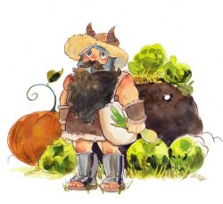 1boy bag beard blush brown_hair dungeon_meshi dwarf facial_hair fake_horns farmer full_body golem harvest hat helmet horned_helmet horns long_beard looking_up male_focus monster mustache nadesgram pumpkin senshi_(dungeon_meshi) shoulder_bag solo standing sun_hat thick_mustache very_long_beard