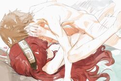 1boy 1girl bed bed_sheet boy_on_top brown_hair butterchalk completely_nude cousins eris_greyrat headband highres incest kodomo_doushi loli long_hair mushoku_tensei nude on_bed penis pussy red_hair rudeus_greyrat sex shota vaginal