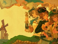 Rule 34 | 3girls, :o, absurdres, armor, black hat, black jacket, breastplate, brown hair, cape, green cape, green eyes, green hat, hat, hat feather, highres, holding, holding notebook, holding quill, holding scroll, jacket, military hat, multiple girls, multiple persona, newsboy cap, notebook, official alternate costume, paper, profile, quill, recoleta (reverse:1999), reverse:1999, rinmaker, scroll, shirt, smile, white hat, white shirt, windmill, yellow background