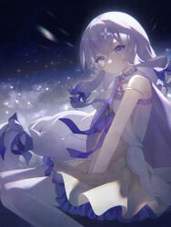 Rule 34 | 1girl, arcaea, bare shoulders, bow, braid, collar, dress, hair between eyes, hair ornament, highres, jacket, lagrange (arcaea), long hair, monocle, pantyhose, purple bow, purple eyes, purple hair, sidelocks, single braid, soleilray, solo, twintails, white jacket, white pantyhose, yellow dress