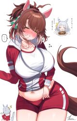 ... 2girls absurdres animal_ears artist_name belly bow brown_hair commentary_request dantsu_flame_(umamusume) ear_covers ear_ribbon food full_stomach grey_hair gym_shirt highres hishi_miracle_(umamusume) holding holding_plate horse_ears horse_girl horse_tail multiple_girls navel occhahoi pants plate red_pants red_shorts shirt shorts simple_background tail takatu_nanto thighs tracen_training_uniform translation_request umamusume white_background yellow_eyes