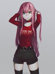 1girl 23i2ko bad_anatomy bad_hands belt black_shorts black_thighhighs breasts collar contrapposto cowboy_shot darling_in_the_franxx green_eyes grey_background hair_over_shoulder highres horns lollipop_in_mouth long_hair looking_at_viewer pink_hair playing_with_own_hair red_horns red_sweater shorts simple_background solo sweater thighhighs very_long_hair zero_two_(darling_in_the_franxx)