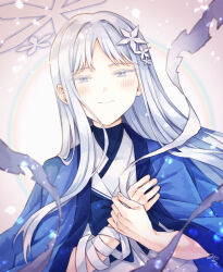 1girl bandages blue_archive blue_bow blue_haori blush bow closed_mouth commentary_request grey_eyes grey_hair hair_ornament halo haori japanese_clothes long_hair looking_at_viewer miroku_san-ju nagusa_(blue_archive) rainbow signature simple_background snowflake_hair_ornament solo upper_body very_long_hair