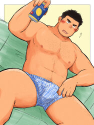 Rule 34 | 1boy, alcohol, bara, beer, black hair, blush, body hair, boxers, bulge, can, chest hair, male underwear, original, solo, underwear, wada terunosuke
