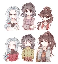 Rule 34 | 3girls, ^ ^, black hair, black shirt, black skirt, blue hair, bow, bowtie, breasts, brown hair, cleavage, closed eyes, closed mouth, collared jacket, commentary request, cropped torso, crossed arms, curtained hair, enomoto noa, frown, green shirt, grey eyes, grey jacket, hair bobbles, hair ornament, highres, jacket, korean commentary, kumazaki karen, light blue hair, literaltraitor, long hair, low ponytail, medium hair, multiple girls, official alternate costume, open clothes, open jacket, open mouth, parted bangs, pleated skirt, ponytail, purple shirt, red bow, red bowtie, red sweater, red tank top, saibou shinkyoku, school uniform, serafuku, shirt, side ponytail, simple background, skirt, three-quarter sleeves, smile, sweater, tank top, turtleneck, white background, white jacket, yanagi nina