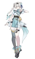 1girl absurdres alternate_costume alternate_hairstyle aqua_dress aqua_hair belt black_thighhighs braid china_dress chinese_clothes double_bun dress firefly_(honkai:_star_rail) full_body gradient_hair grey_hair hair_between_eyes hair_bun highres honkai:_star_rail honkai_(series) long_hair looking_at_viewer multicolored_hair parted_lips ren_(renjiyu) short_sleeves single_thighhigh standing thigh_belt thigh_strap thighhighs twin_braids white_dress white_wrist_cuffs wrist_cuffs