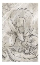 1boy absurdres child closed_eyes commentary_request dragon eastern_dragon facing_another full_body haori highres hotathino japanese_clothes kimono male_focus monochrome original photo_(object) short_hair very_short_hair